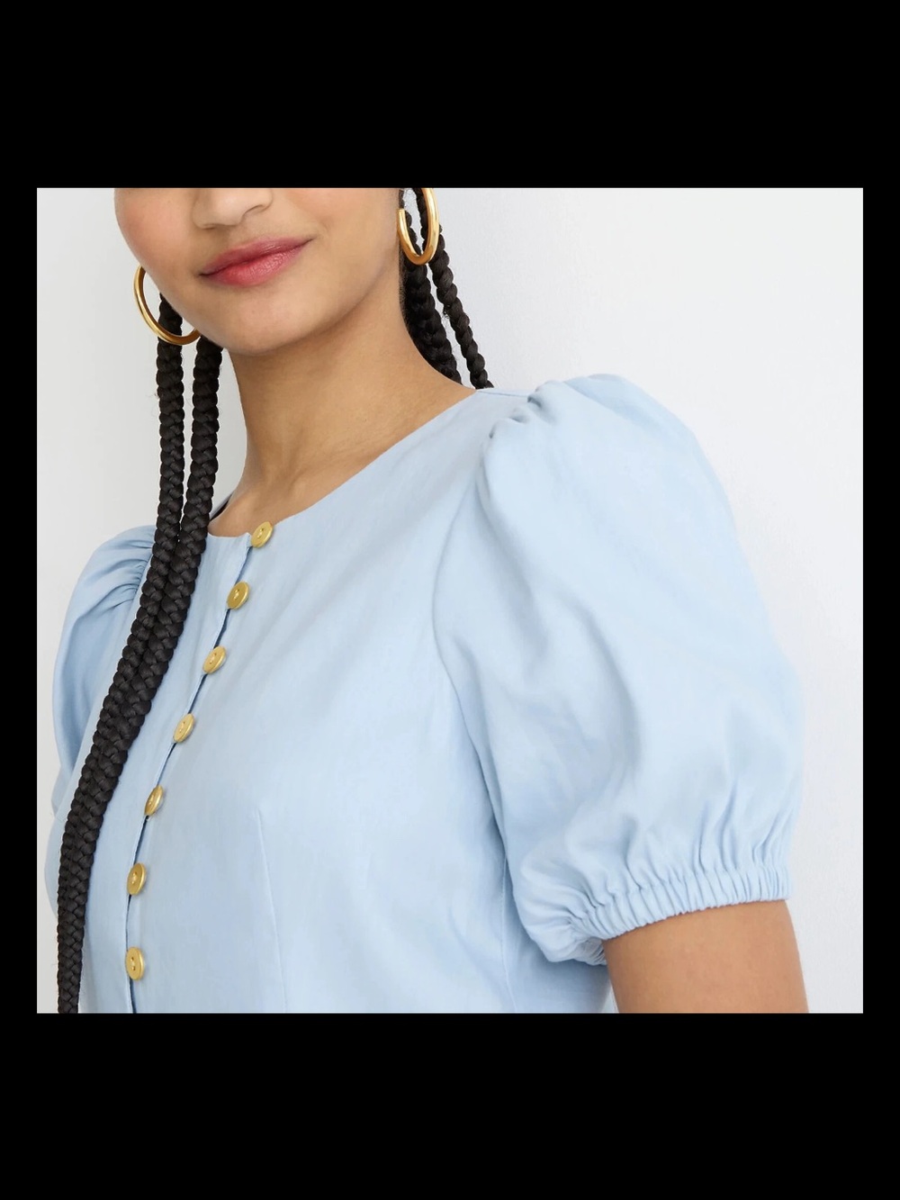 Light Blue Puff Sleeve Button-Front Women's Top